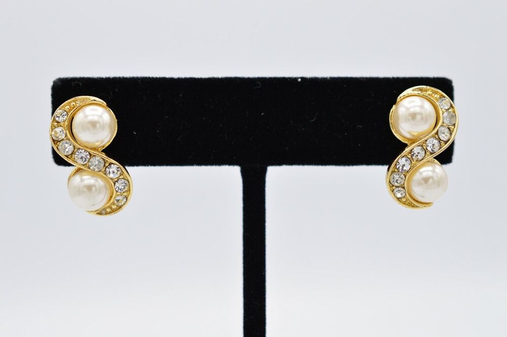 Vintage Crystal Earrings Rhinestone Gold Double Pearl Dangle 1980s BinAA